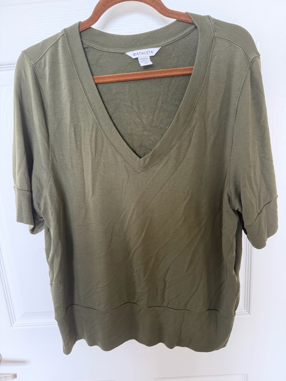 Athleta Olive Green V-Neck Short Sleeve Tee